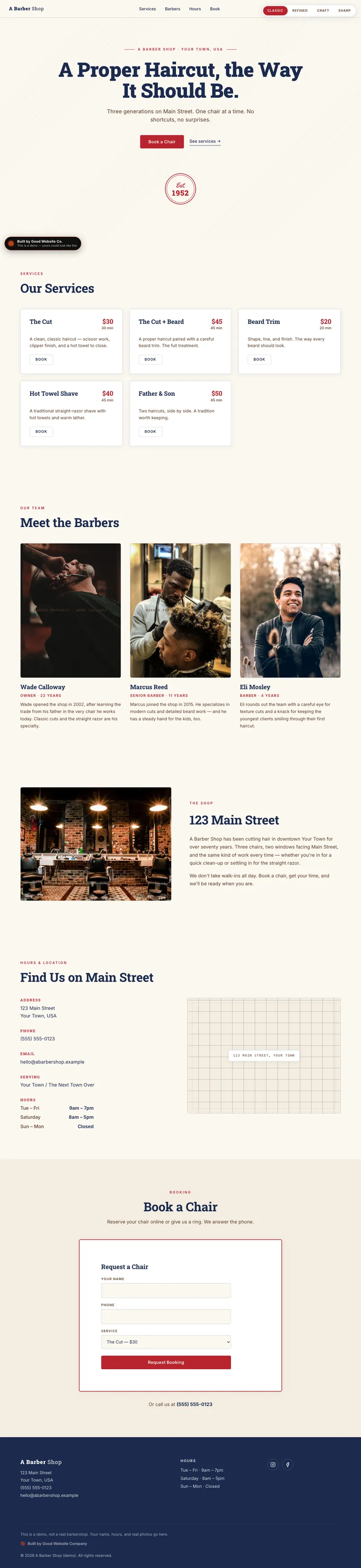 A Barber Shop demo website by Good Website Company