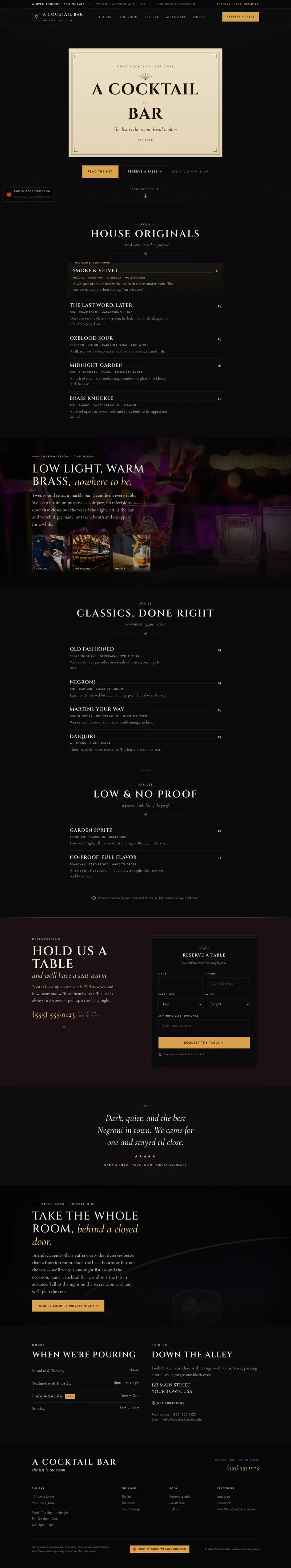 A Cocktail Bar demo website by Good Website Company