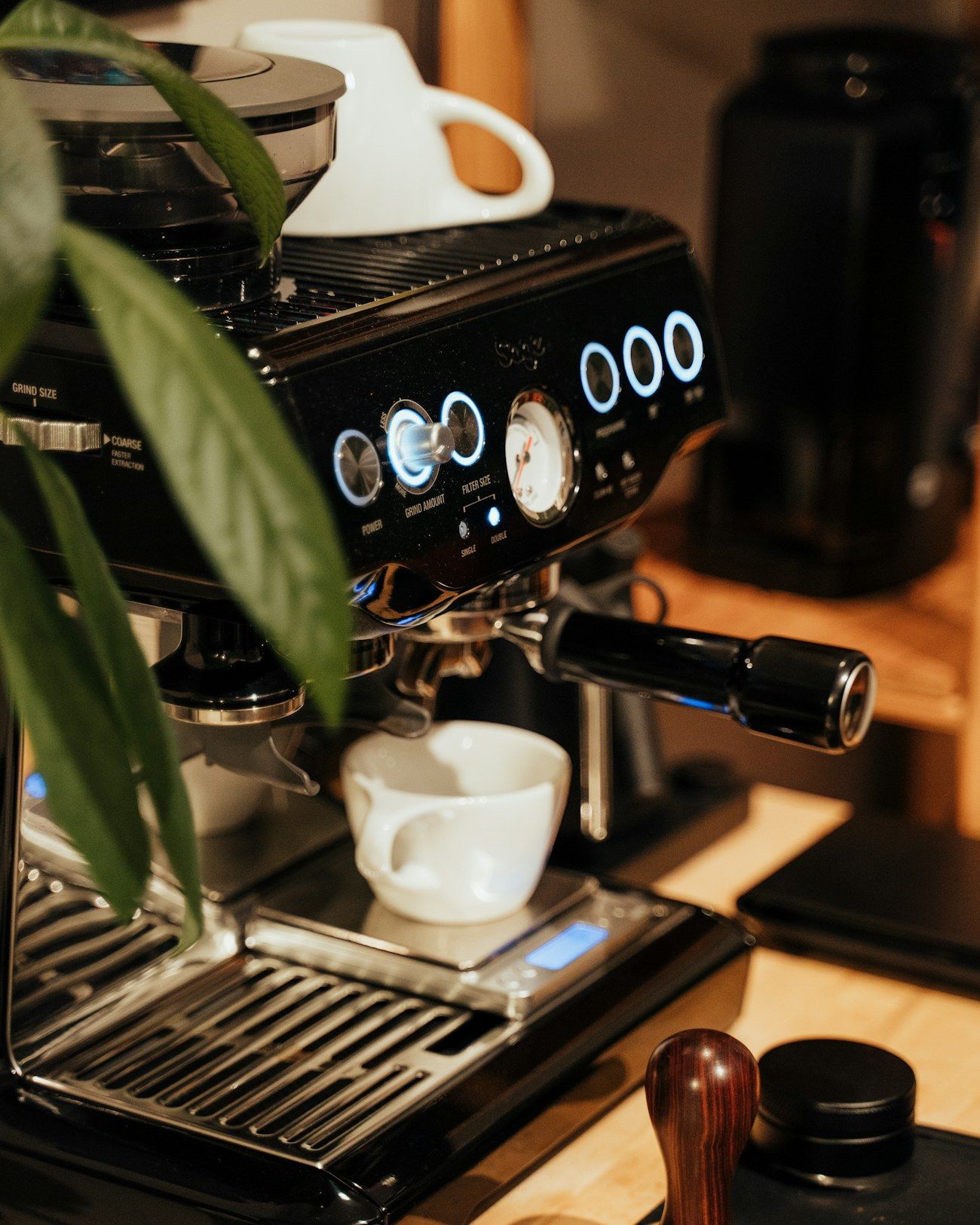 The café's black espresso machine with a white cup set under the group head, a leaf in the foreground