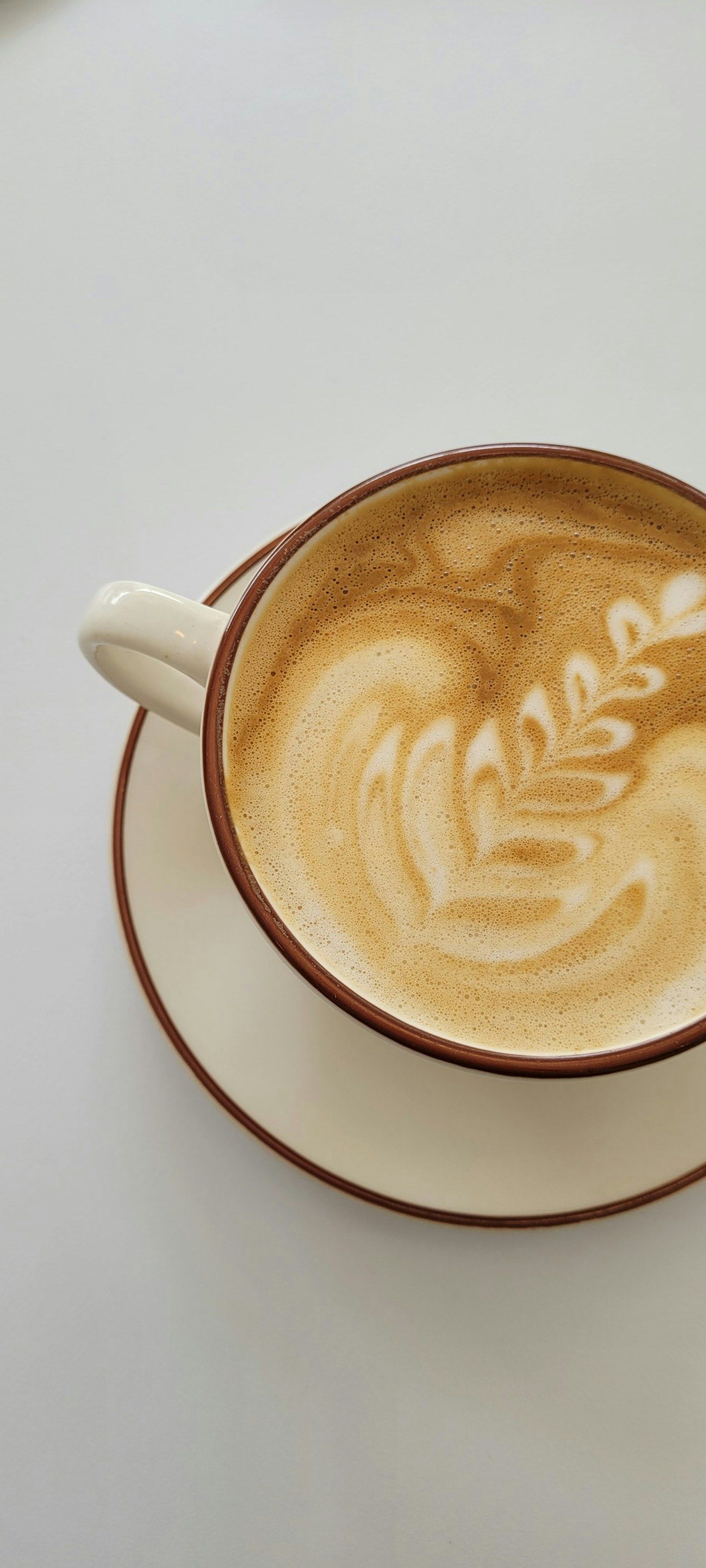 A latte with a leaf poured in the foam, in a cup and saucer seen from above